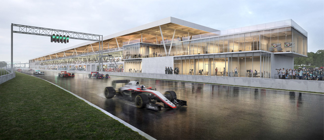 Course automobile de formule sur un circuit avec bâtiments en verre et béton