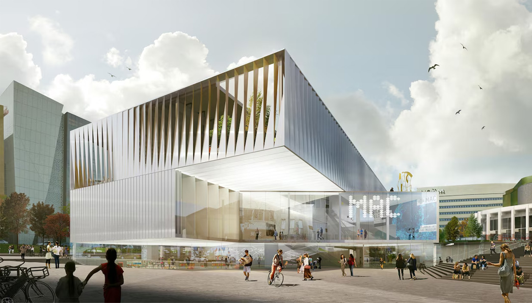 Bâtiment à architecture moderne avec façade en verre et structure béton